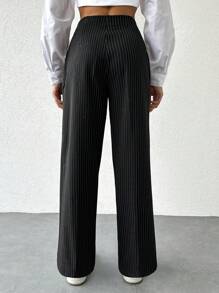 EURMUSE Women's Striped Pleated Straight Leg Pants - Black - View 2