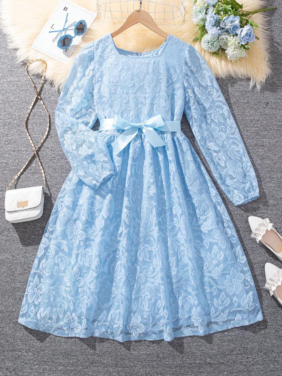 SHEIN Vestido De Encaje Azul Para Niñas Adolescentes - Azul - Ver 1