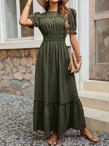 SHEIN Clasi 泡泡袖圆领长款女装 - 軍綠色 - 查看 4