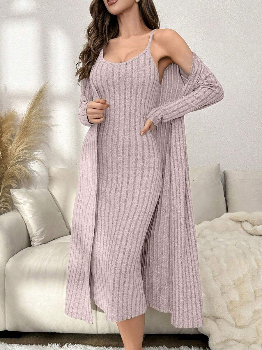 女款羅紋針織細肩帶洋裝 + 長袖長袍家居服套裝 - 淺粉色 - 查看 1