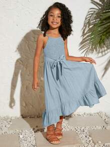 SHEIN Leap Crew 年輕女孩休閒純色頸挂連衣裙 - 藍色 - 查看 1