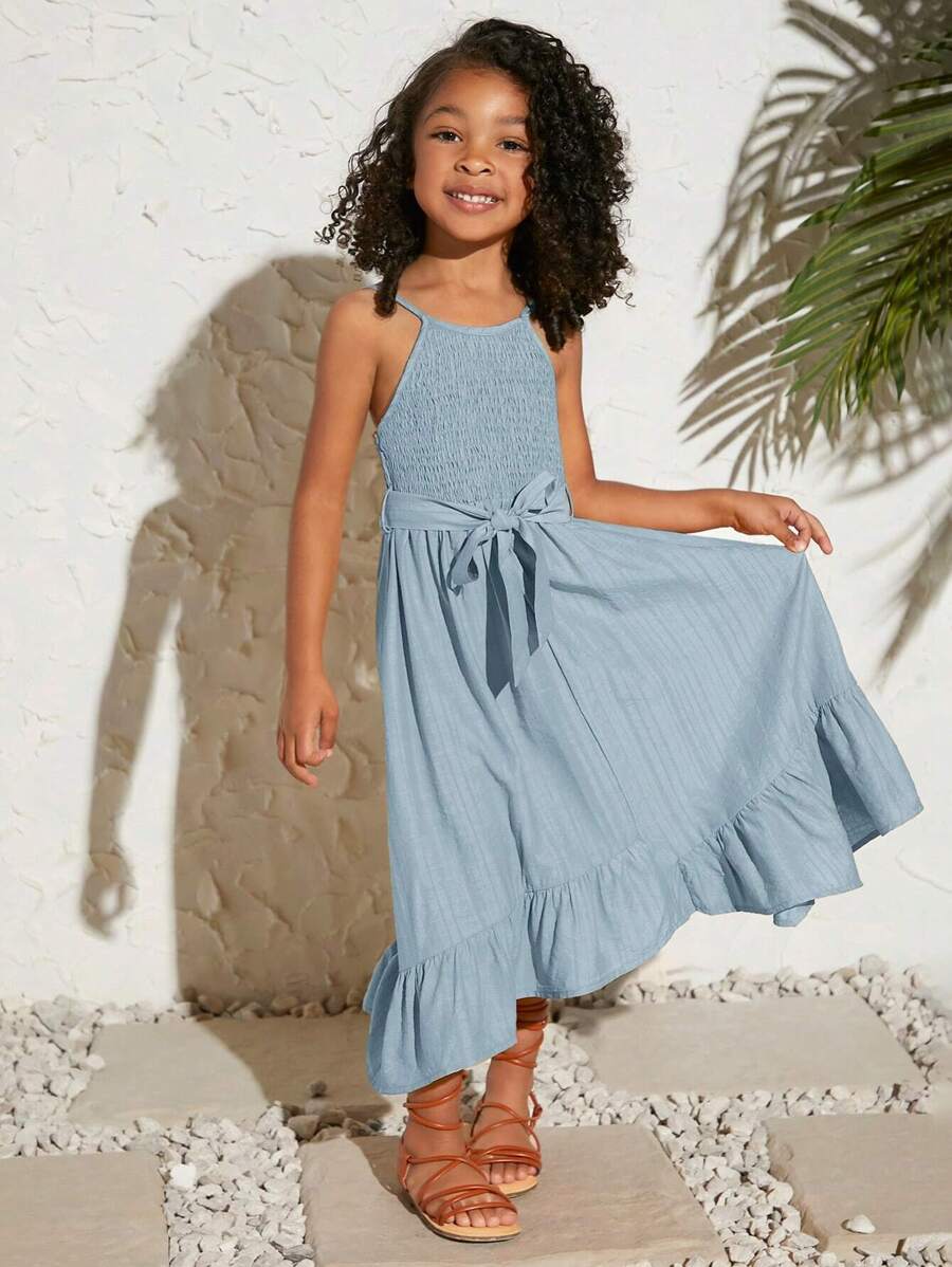 SHEIN Leap Crew 年輕女孩休閒純色頸挂連衣裙 - 藍色 - 查看 1