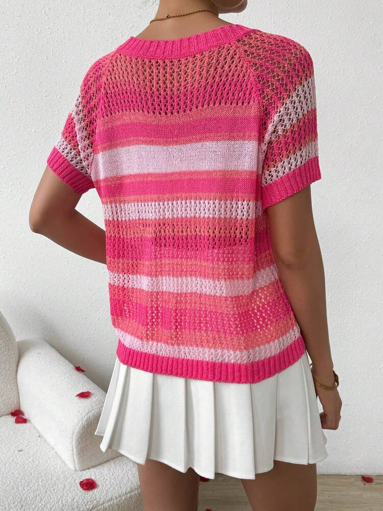 Women's Striped Hollow Out Knitted Short Sleeve Top