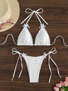 SHEIN Swim Bộ Bikini Hai Mảnh Màu Trơn Đi Biển Mùa Hè - trắng - Xem 1