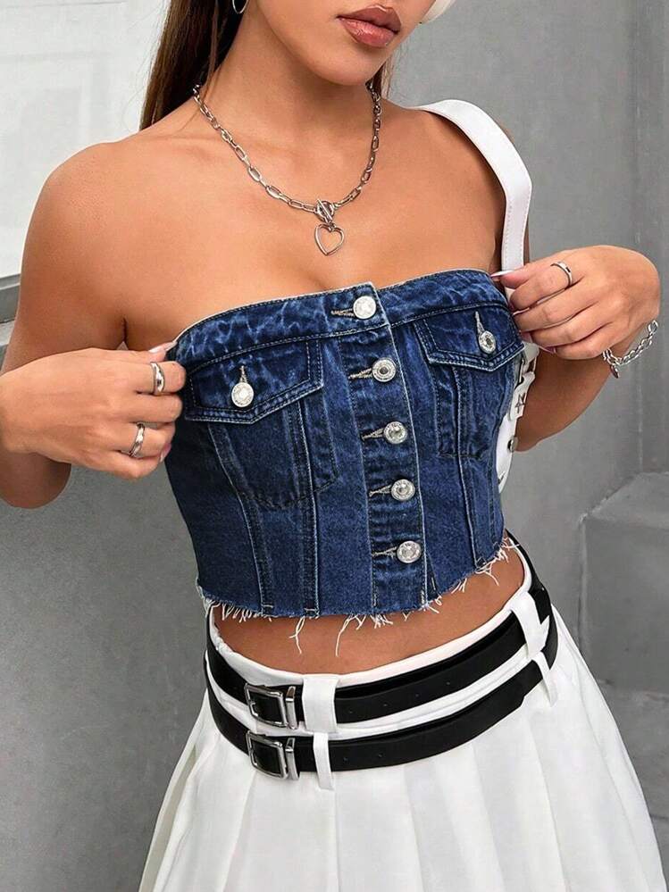 SHEIN PETITE توب جينز نسائي بدون حمالات - أزرق داكن - مشاهدة 1