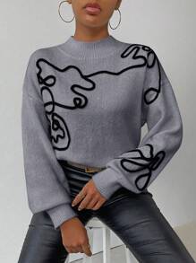 SHEIN Essnce Của phụ nữ Thêu Tay áo lồng đèn Áo len - Xám - Xem 1