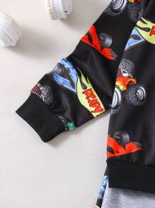 SHEIN 幼童男孩時尚多彩汽車印花運動衫和長褲服裝套裝 - 黑色 - 查看 3