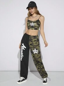SHEIN EZwear Conjunto De Top Y Pantalones De Punto Sin Tirantes Para Mujer Con Estampado De Letras Y Estrellas