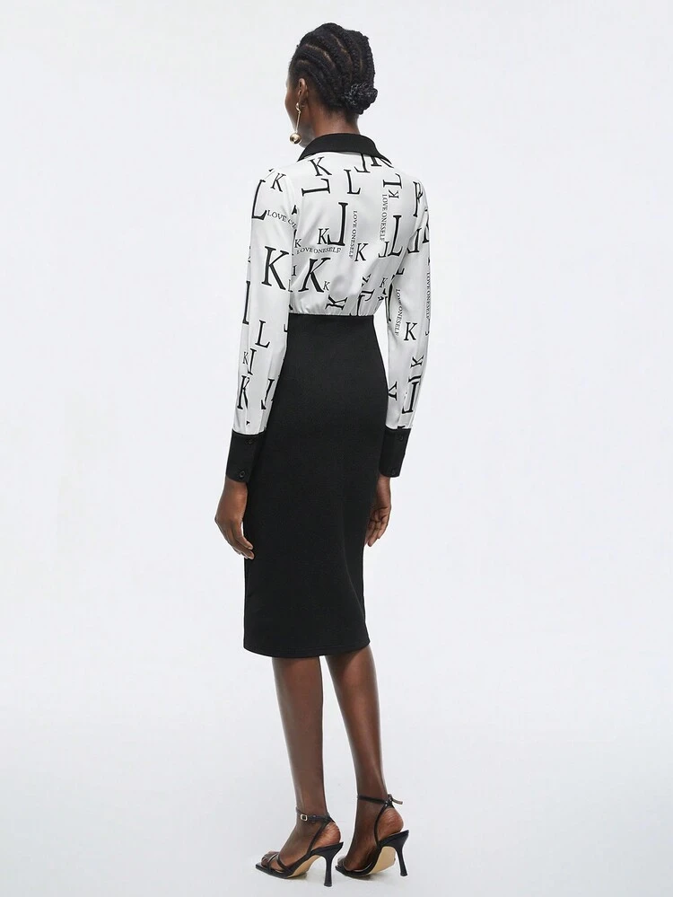 Women'S Letter Printed Contrast Color Shirt Dress Without Belt