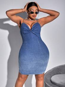 SHEIN SXY Kích thước lớn Của phụ nữ Denim Váy Dây Với Denim mùa giặt Hiệu ứng , Chi tiết Ruffle Xung quanh Ngực - Rửa trung bình - Xem 6