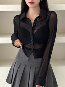 DAZY Women'S Single Breasted Mesh Long Sleeve Top Going Out Tops Sheer,Fall Women Clothes