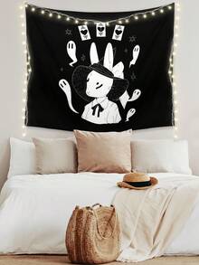 Ailko 1入組卡通手繪兔子＆鬼魂圖案涤纶掛毯,適用於日常客廳＆臥室牆壁裝飾,露營配件,多季使用掛毯 - 彩色 - 查看 3