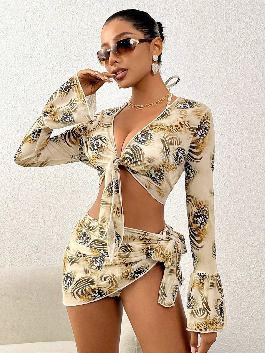 SHEIN Swim 碎花拼接豹纹分体比基尼套装夏日海滩 - 彩色 - 查看 1