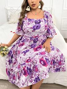 SHEIN Holidaya 大尺碼女款花卉印花收腰連身裙 - 紫色 - 查看 4