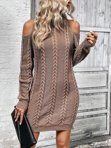 SHEIN Frenchy 女款露肩長袖毛衣裙 - 卡其色 - 查看 4