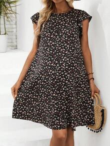 SHEIN Maternity Floral Short Cap Sleeve Dress - Black - View 4
