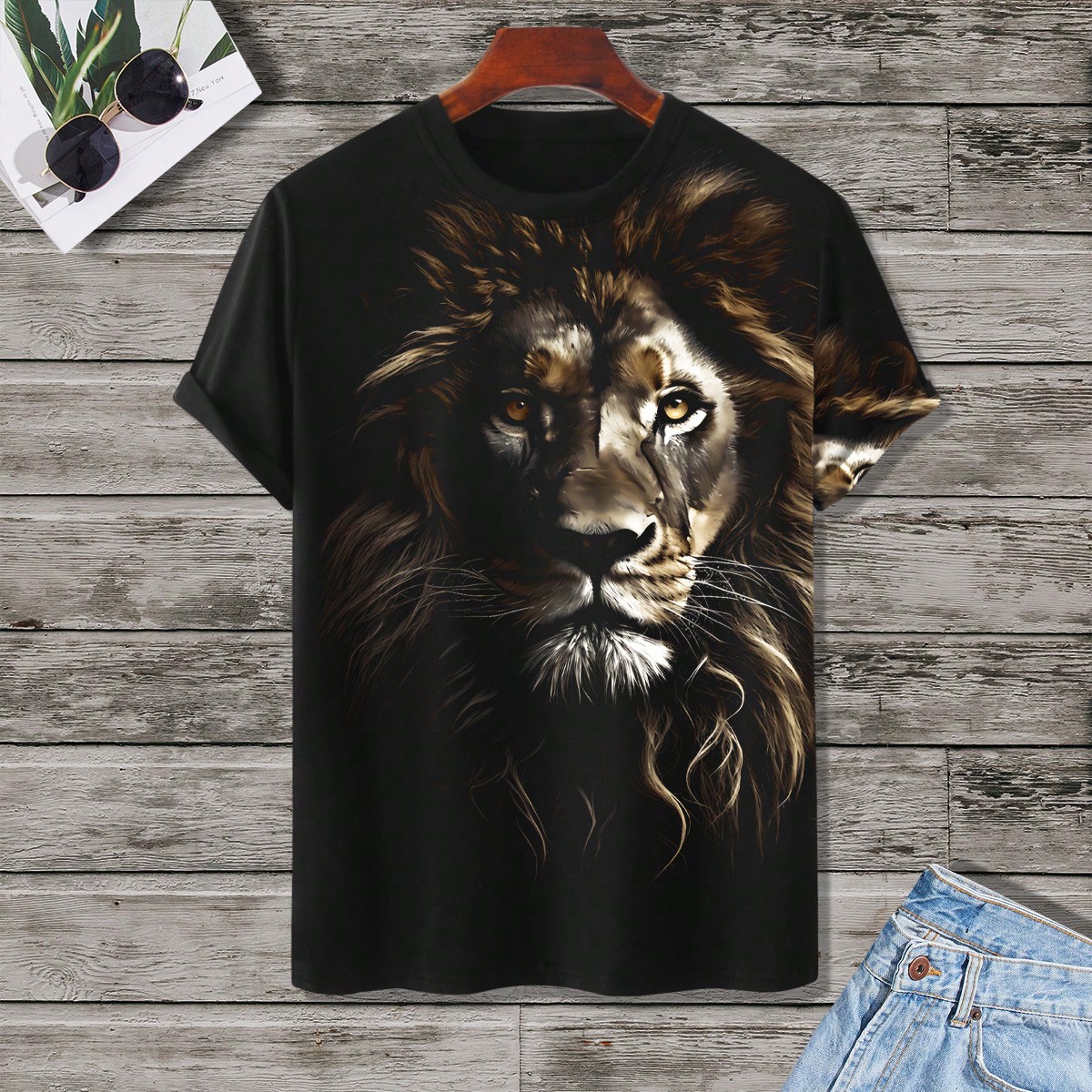 Camiseta de manga corta con estampado de león para hombre, para salir con amigos