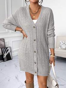 SHEIN Essnce Women's Solid Color Drop Shoulder Casual Cardigan With Open Front - Grey - View 6