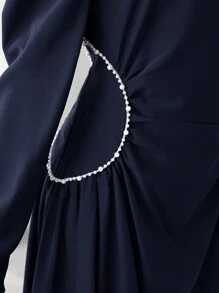 SHEIN Leap Crew Tween Girls' Vintage Mid-Length Dress With Faux Pearl Decor And Long Sleeve, Elegant Style - Navy Blue - View 6