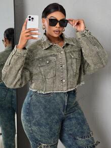 SHEIN SXY 大尺碼破洞斷裂牛仔外套 - 軍綠色 - 查看 5
