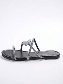 Colorful Rhinestone Butterfly Design Multiple Straps Women's Outdoor Slipper Sandals, French Style Summer Autumn Women's Fashion Black Slippers - Black - View 8