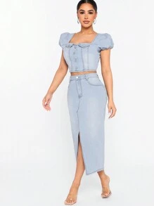 Denimoi Puff Sleeve Top & Skirt Denim Two Piece Set - Light Wash - View 1