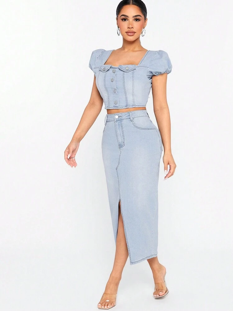 Puff Sleeve Top & Skirt Denim Two Piece Set