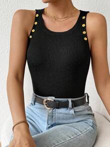 SHEIN LUNE Women's Button Detail Ribbed Knit Top - Black - View 3