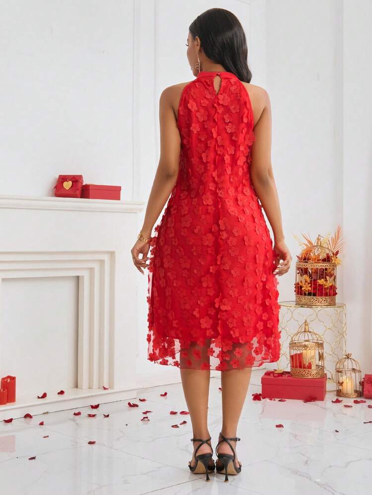 Women's Floral Mesh Halter Neck Sleeveless Dress