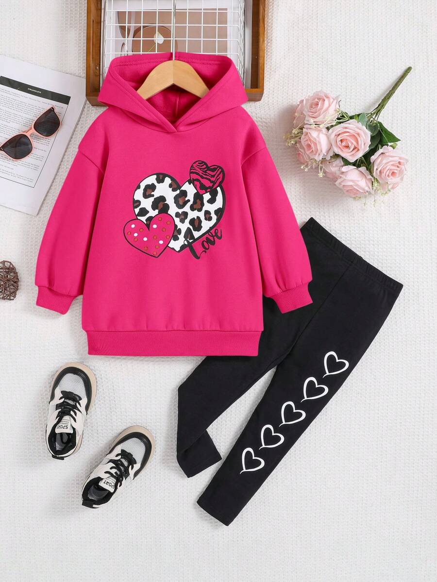 Young Girl Heart Pattern Hooded Casual Sweatshirt And Pants Two-Piece Outfit Set - Hot Pink - View 1