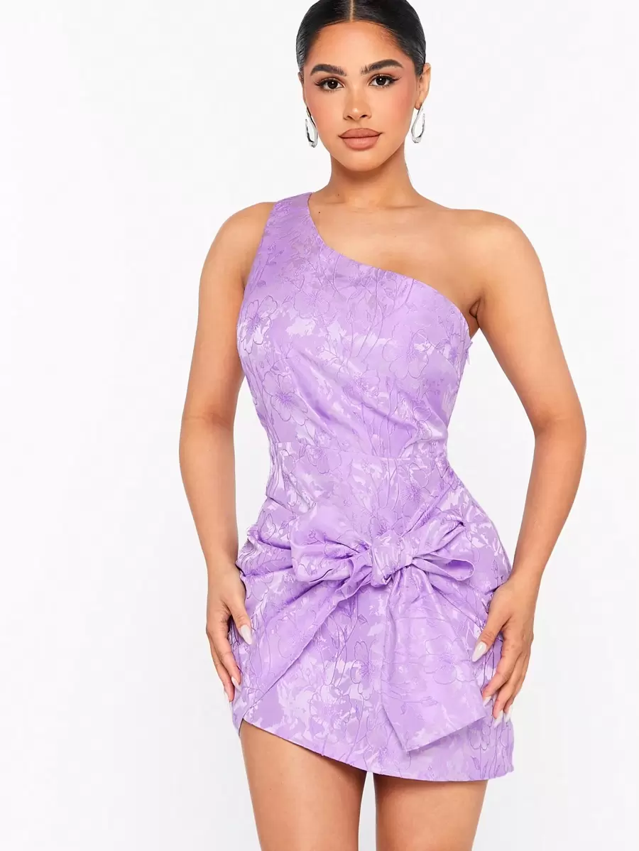 Hauture One Shoulder Floral Jacquard Bow Dress