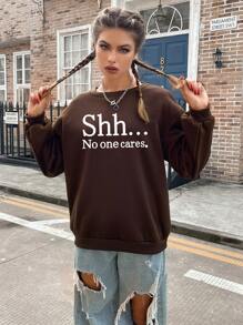 SHEIN EZwear 女款標語印花圓領運動衫 - 巧克力棕 - 查看 4