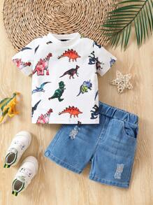 嬰兒男童恐龍印花短袖t恤和牛仔短褲套裝 - 白色 - 查看 1
