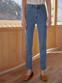 Simple Retro Kira高腰藍色直筒牛仔褲 - 淺色水洗藍 - 查看 1