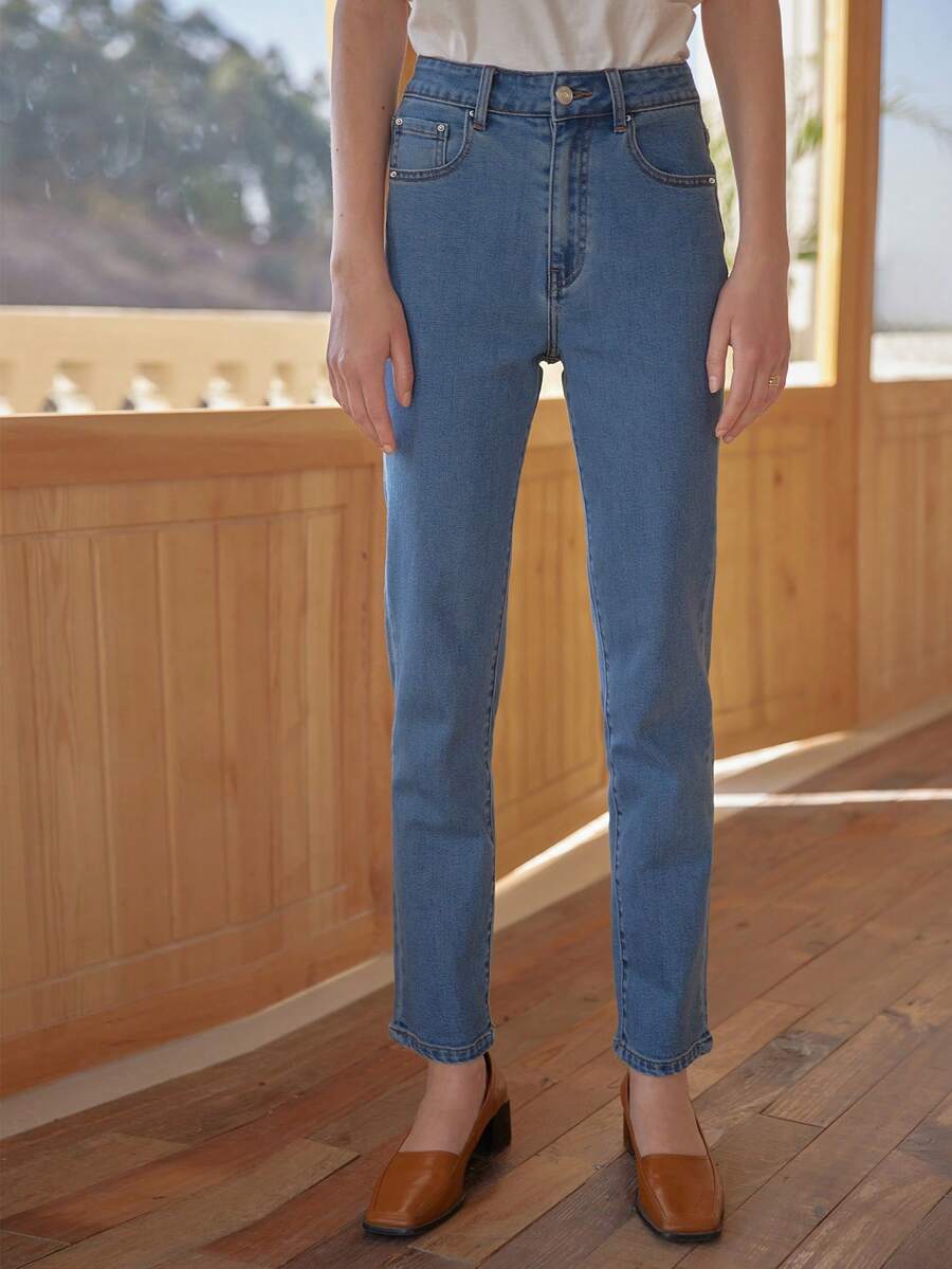 Simple Retro Kira高腰藍色直筒牛仔褲 - 淺色水洗藍 - 查看 1