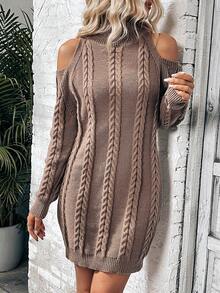 SHEIN Frenchy 女款露肩長袖毛衣裙 - 卡其色 - 查看 3