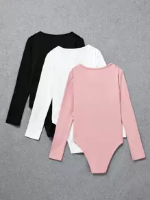 SHEIN Leap Crew Tween Girls' Knit Solid Color Round Neck Bodysuit Set, 3pcs - Baby Pink - View 2