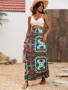 SHEIN BohoFeels 女士印花拼接長裙 - 綠色 - 查看 5