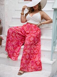 SHEIN VCAY Floral Print Wide Leg Pants, Plus Size, Romantic Valentine's Day Style - Multicolor - View 5