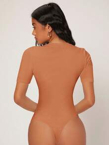 SHEIN BASICS 女士圓領短袖連身衣 - 棕色 - 查看 2