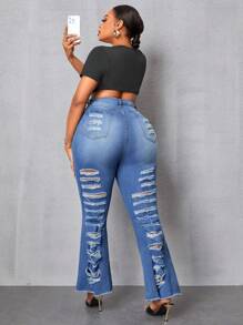 SHEIN SXY Jeans acampanados elásticos rotos talla grande - Azul - Ver 3