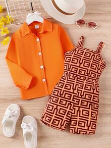 SHEIN 幼兒女孩春秋休閒街頭風格運動時尚酷襯衫與幾何印花吊帶連衣套裝 - 橘色 - 查看 6