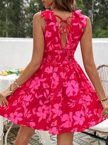 SHEIN VCAY Của phụ nữ In thực vật Eo Buộc Không tay Đầm xếp ly - Hồng - Xem 2