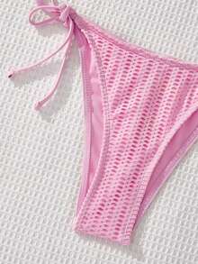 Swim Mod 女士纯色吊带三角比基尼套装上衣搭配打结侧边下装比基尼套装夏季海滩 - 粉色 - 查看 4