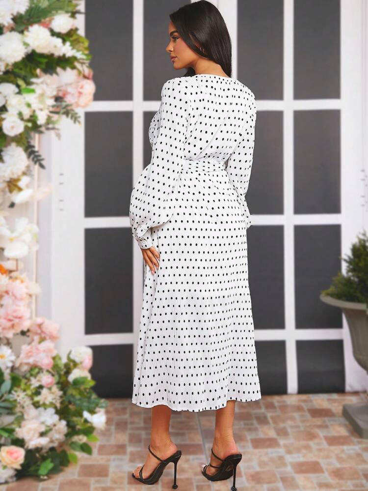 Maternity Polka Dot Print Belted Dress