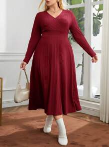 SHEIN Essnce Plus Size Women's Wrapped Neckline Cinched Waist Dress - Burgundy - View 6