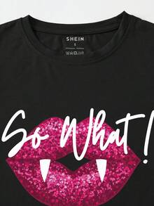 INAWLY 女士嘴唇和字母印花短袖t恤 - 黑色 - 查看 4