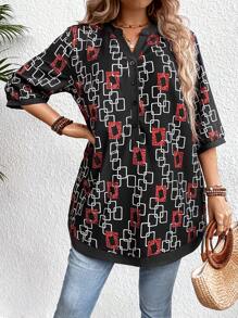 EMERY ROSE Plus Size Women's Geometric Pattern Notched Collar Blouse Women Shirt - Brown - View 4
