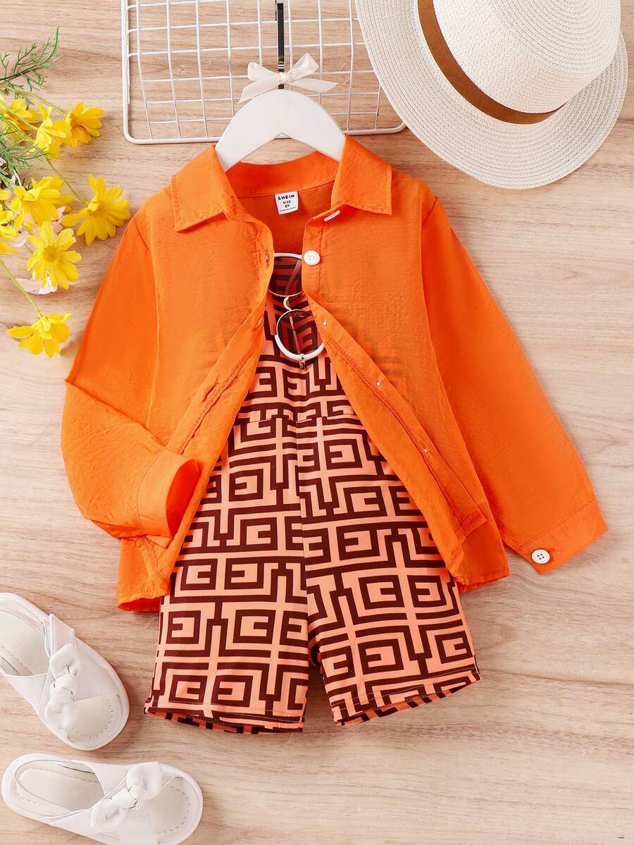 SHEIN 幼兒女孩春秋休閒街頭風格運動時尚酷襯衫與幾何印花吊帶連衣套裝 - 橘色 - 查看 1