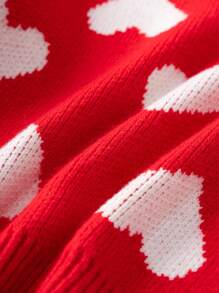 SHEIN Young Girl Heart Pattern Sweater And Knit Skirt Set With Round Neckline - Red - View 5